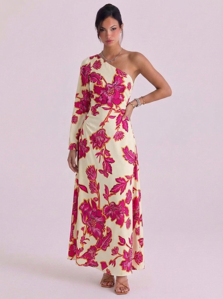 Opal | Satin Floral Print One-Shoulder Maxi Dress