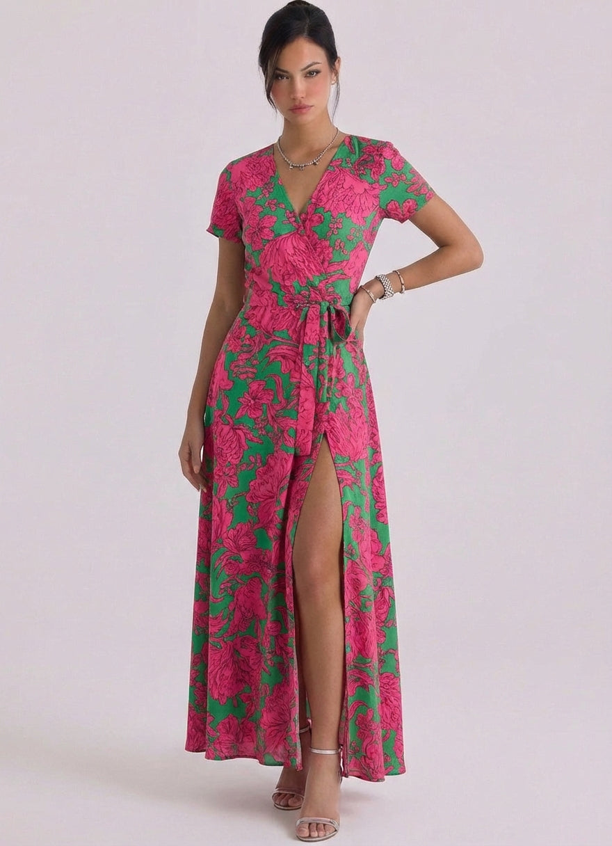 Penny | Satin Floral Print Wrap Maxi Dress Short-Sleeve Tie Waist High-Slit