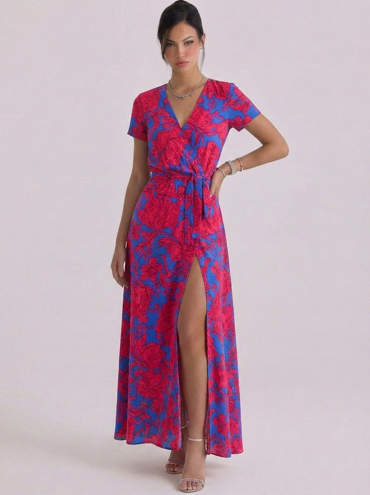 Penny | Satin Floral Print Wrap Maxi Dress Short-Sleeve Tie Waist High-Slit