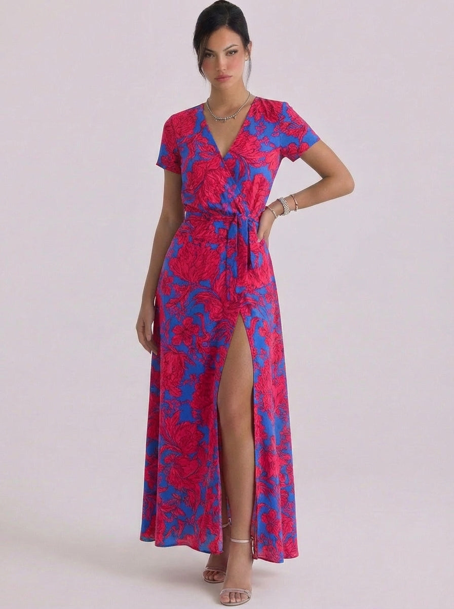 Penny | Satin Floral Print Wrap Maxi Dress Short-Sleeve Tie Waist High-Slit