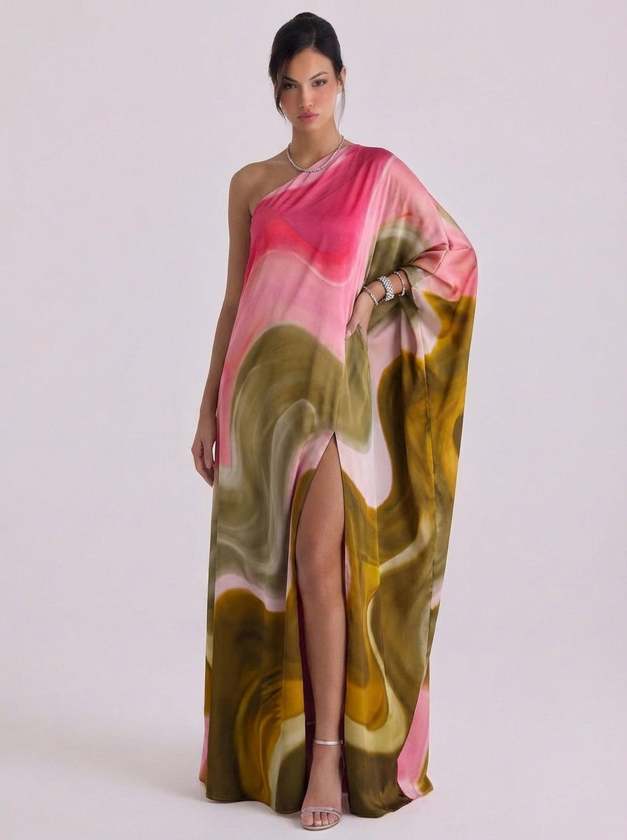 Wendy | Satin Ombre Print One-Shoulder Caftan Maxi Dress