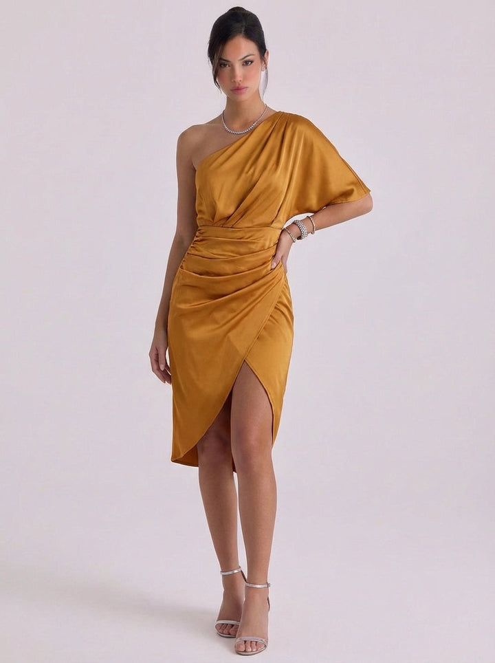 Alexia | Satin One-Shoulder Midi Dress With Draped Detail