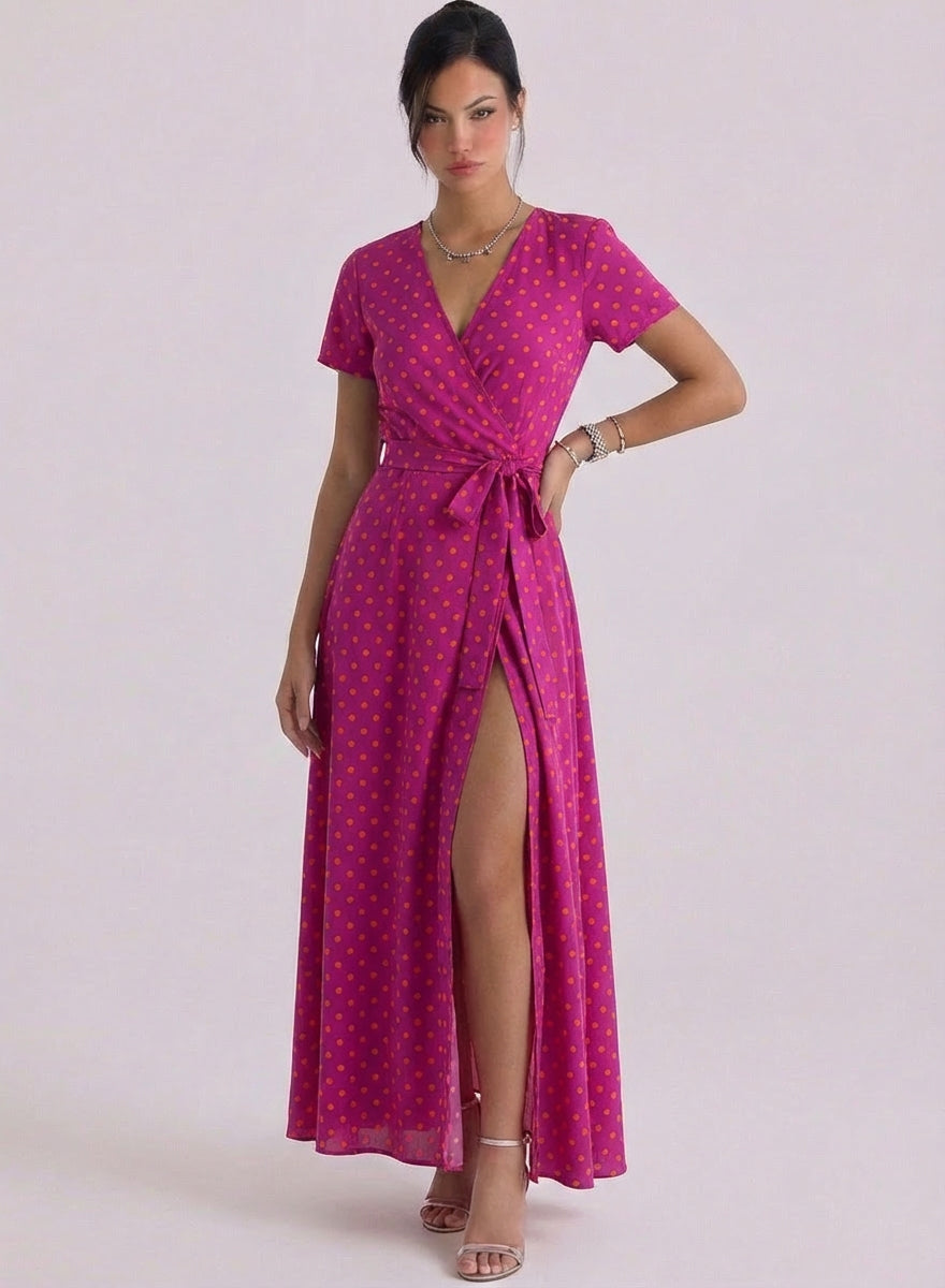 Hayley | Satin Polka Dot Wrap Maxi Dress Short-Sleeve Tie Waist High-Slit