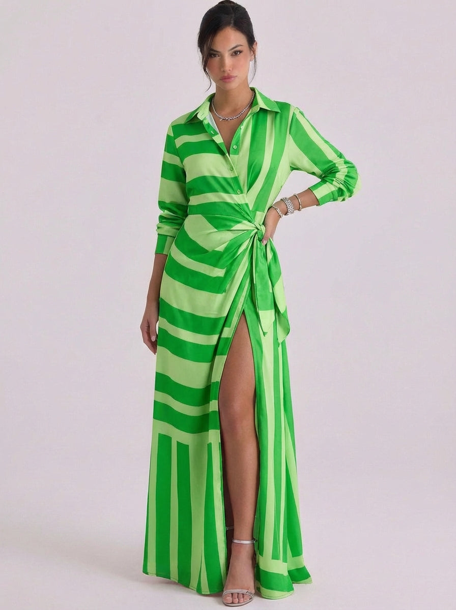 Freya | Satin Stripe Print Collar Wrap Maxi Dress Long-Sleeve High-Slit