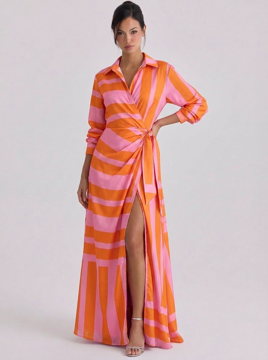 Freya | Satin Stripe Print Collar Wrap Maxi Dress Long-Sleeve High-Slit