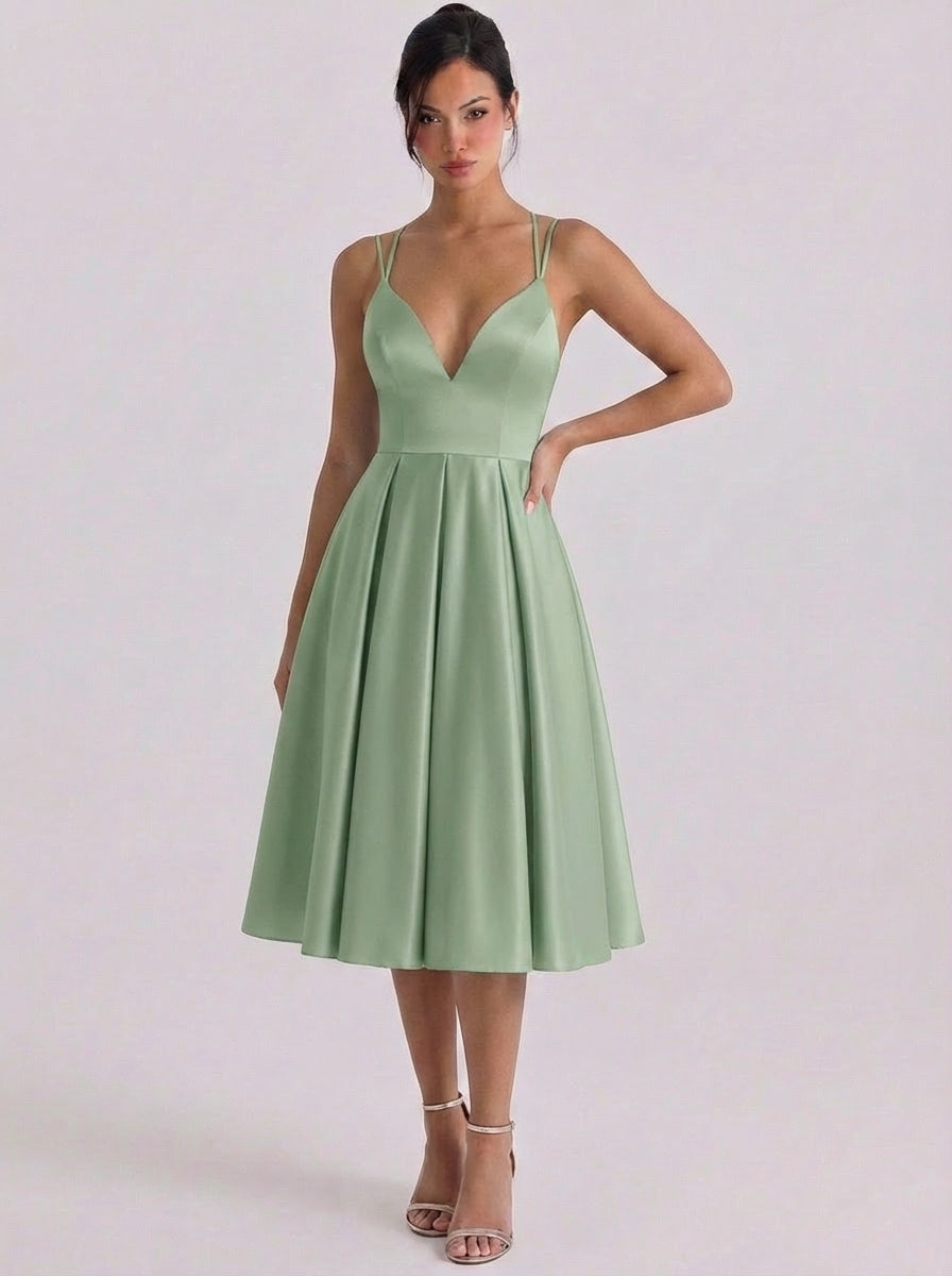 Wren | Satin Sweetheart Neckline Fit And Flare Dress Pleated Skirt Double Strap
