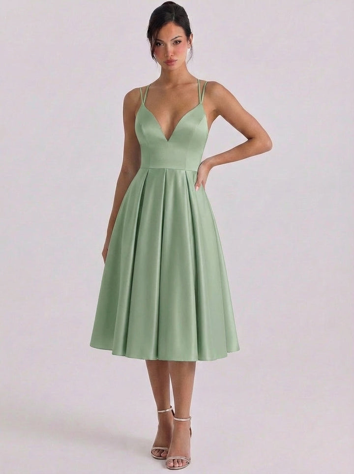 Wren | Satin Sweetheart Neckline Fit And Flare Dress Pleated Skirt Double Strap
