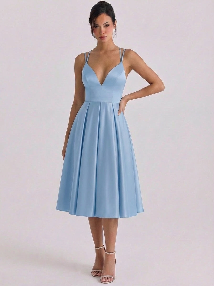Wren | Satin Sweetheart Neckline Fit And Flare Dress Pleated Skirt Double Strap