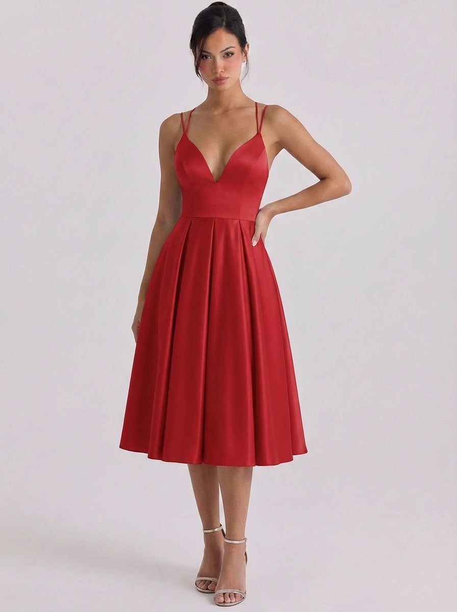 Wren | Satin Sweetheart Neckline Fit And Flare Dress Pleated Skirt Double Strap