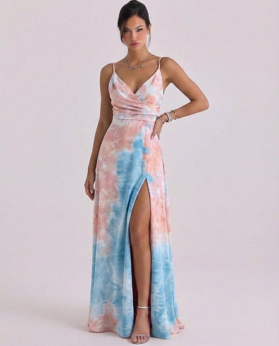 Daisy | Satin Wrap Maxi Dress High-Slit Cami Strap