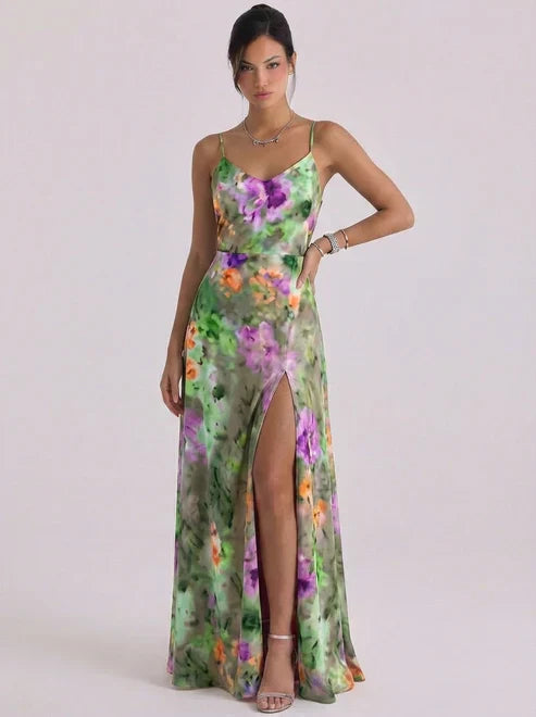 Thea | Satin Wrap Floral Maxi Dress High-Slit Cami