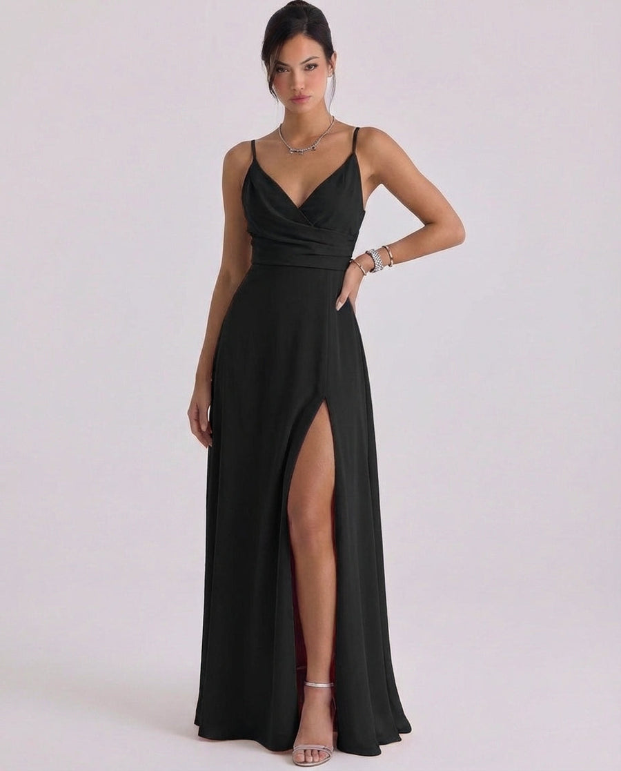 Ella | Satin Wrap Waist Maxi Dress With High-Slit