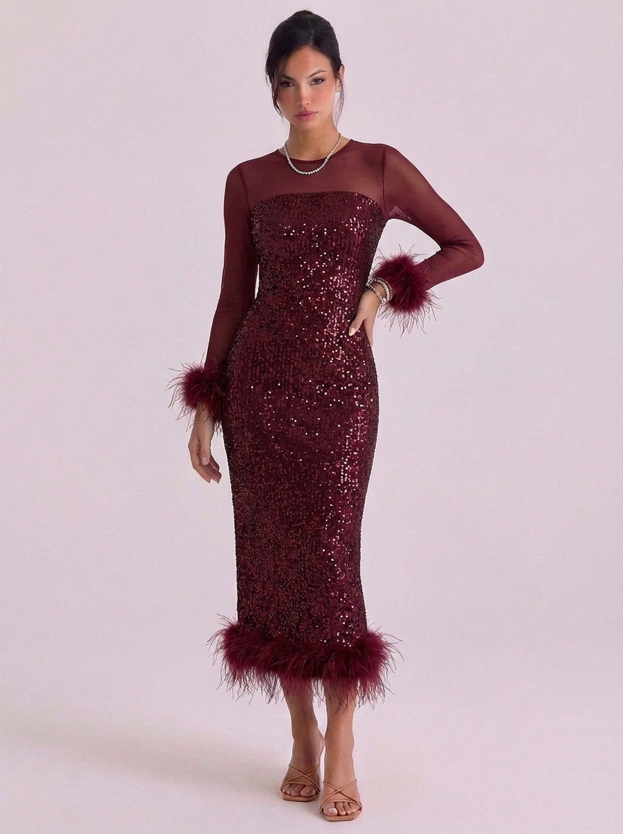 Samantha | Sequin Feather Trim Midi Dress With Mesh