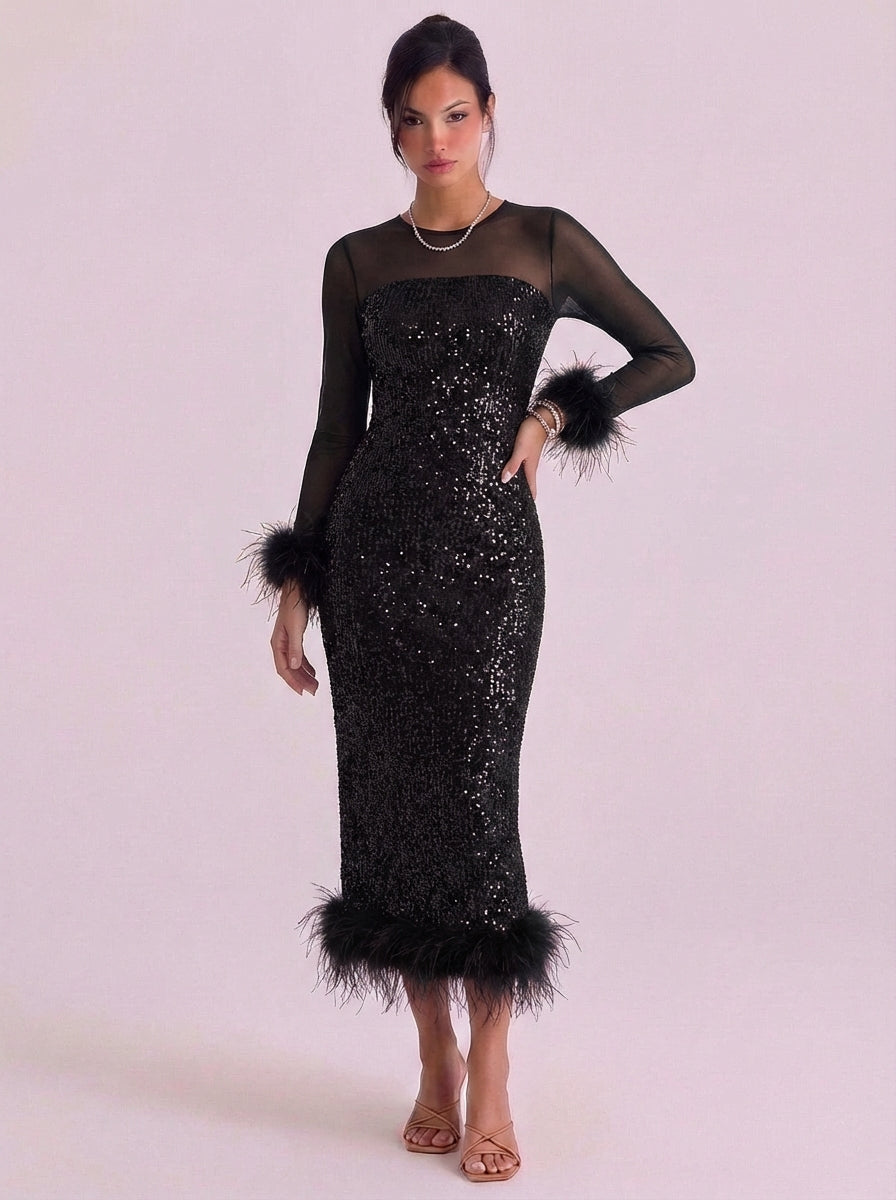 Samantha | Sequin Feather Trim Midi Dress With Mesh