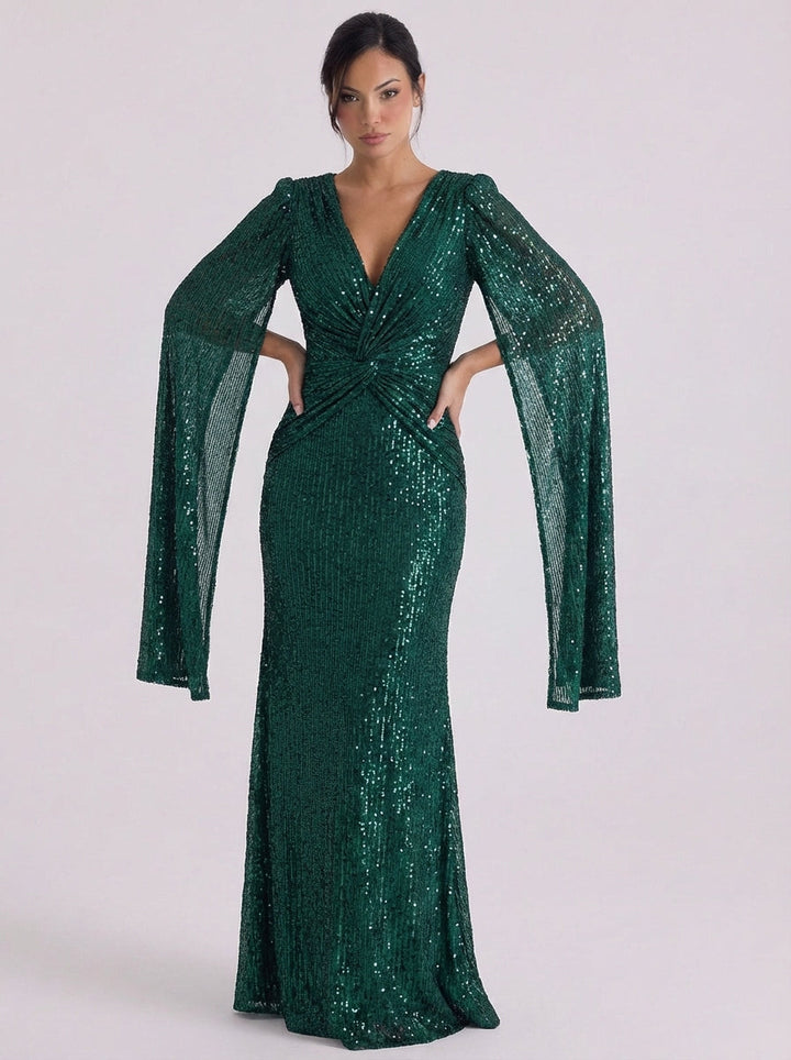 Lara | Sequin Twist Front Maxi Gown Bell Sleeve