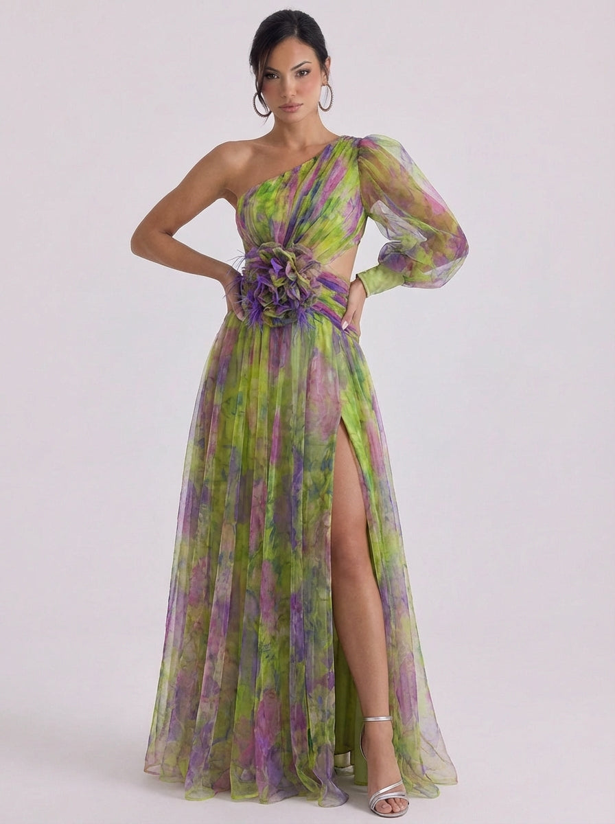 Callie | Tulle One-Shoulder Ombre Maxi Dress With Rosette Belt