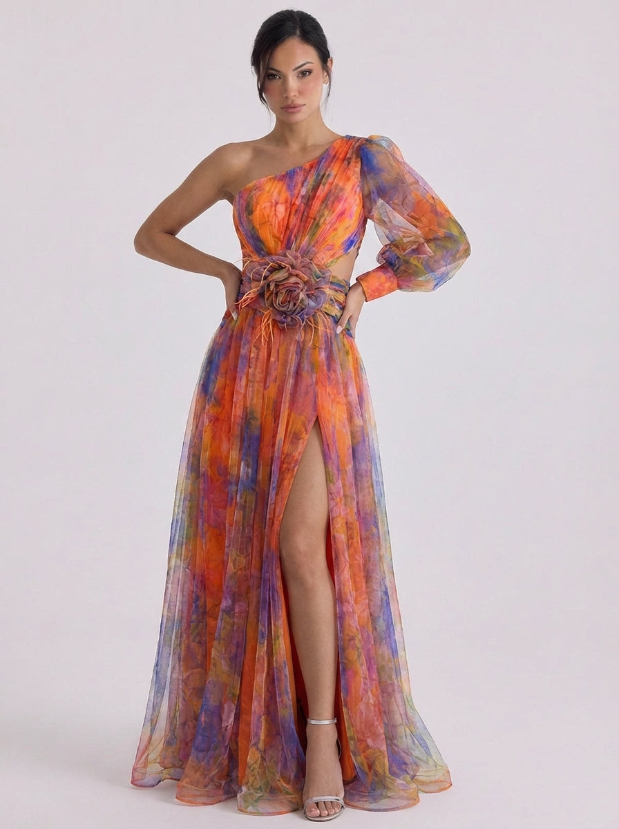 Callie | Tulle One-Shoulder Ombre Maxi Dress With Rosette Belt