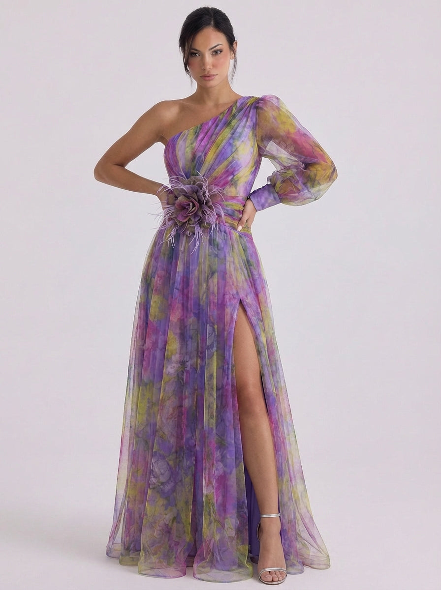 Callie | Tulle One-Shoulder Ombre Maxi Dress With Rosette Belt