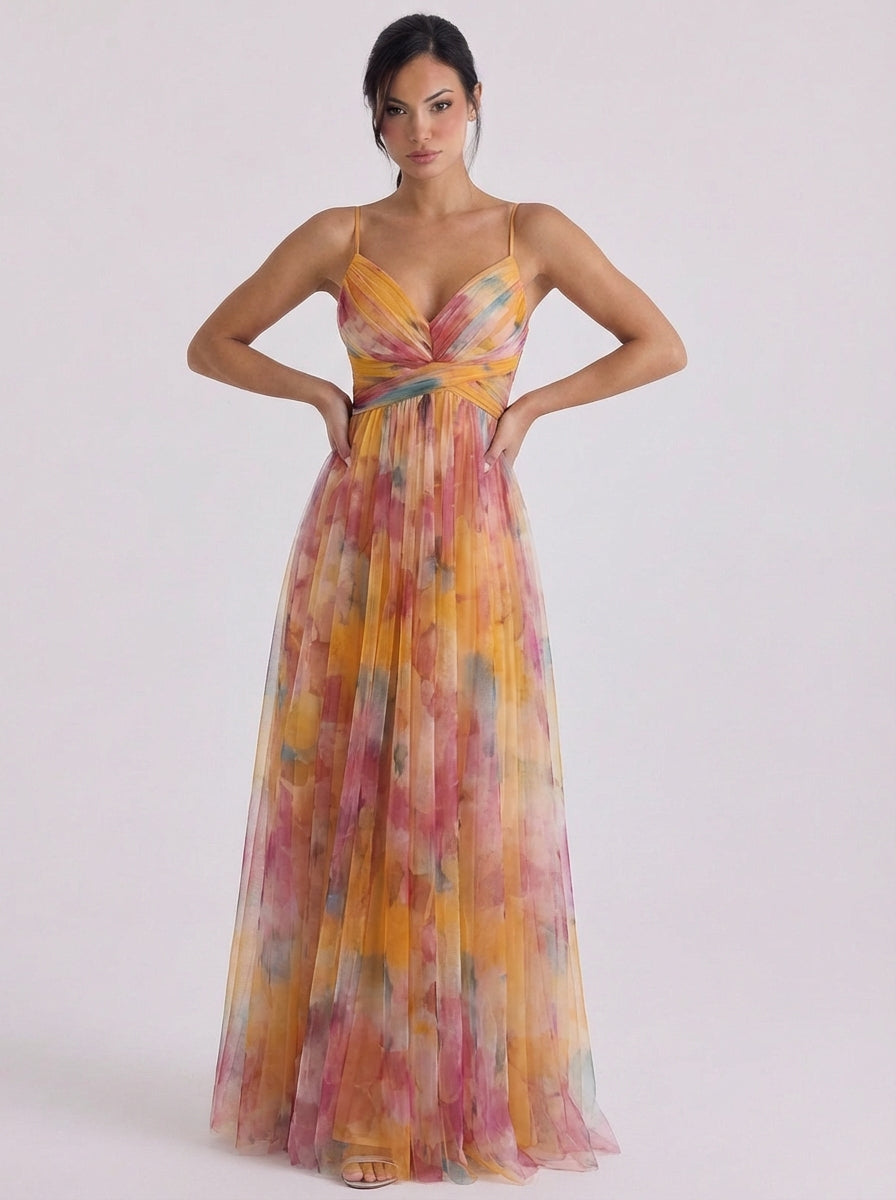 Imogen | Tulle Pleated Ombre Maxi Dress With Crisscross Waist