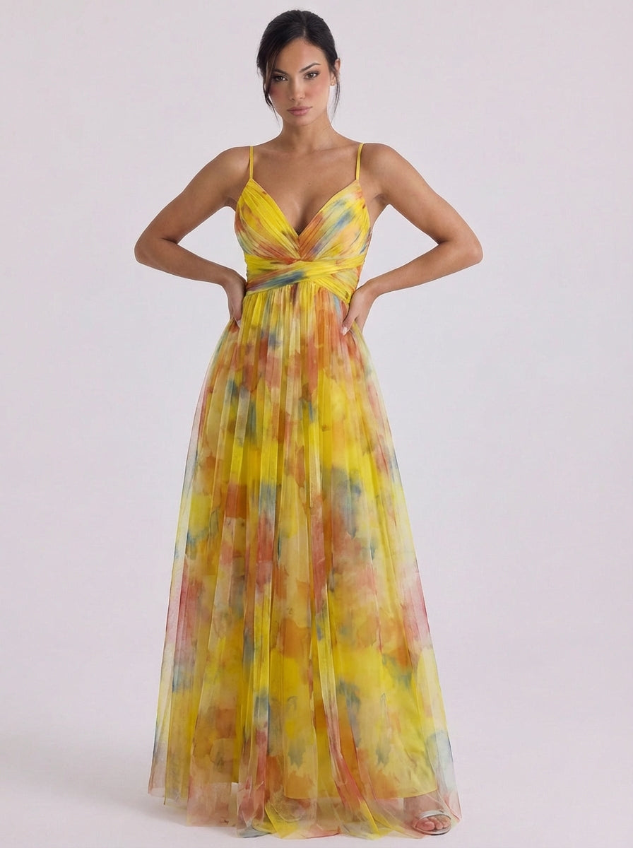 Imogen | Tulle Pleated Ombre Maxi Dress With Crisscross Waist