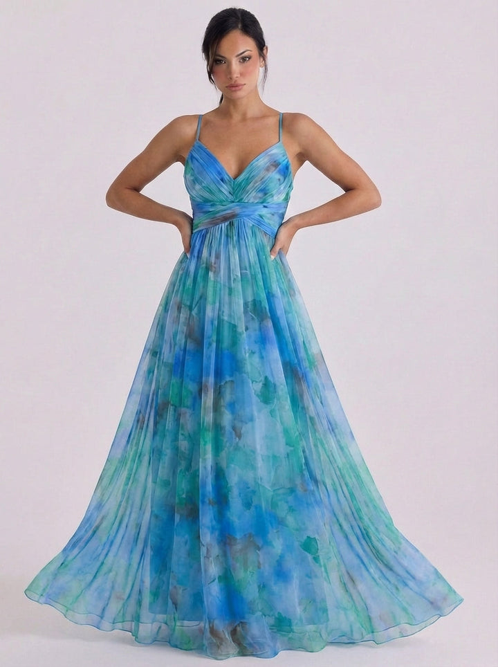 Imogen | Tulle Pleated Ombre Maxi Dress With Crisscross Waist
