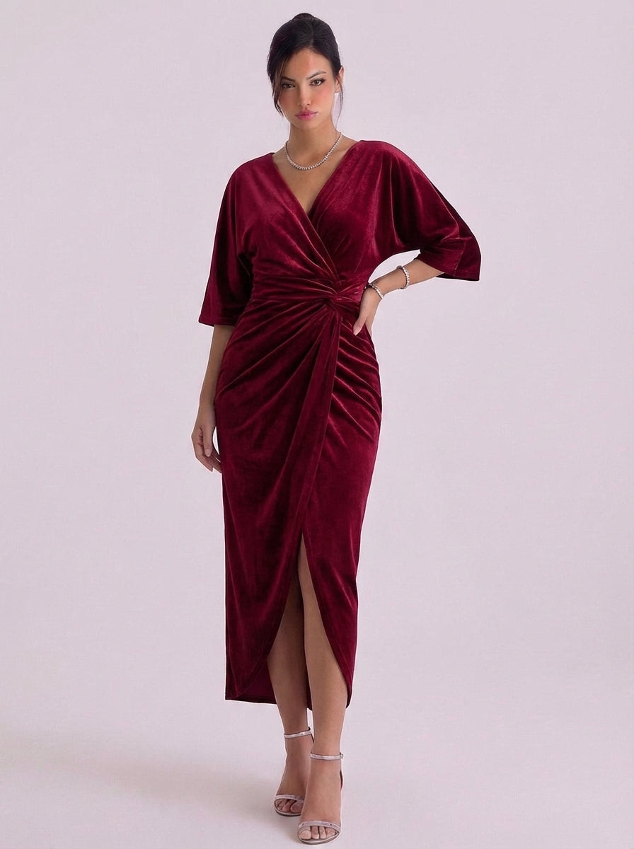 Ava | Velvet Wrap Midi Dress With Kimono