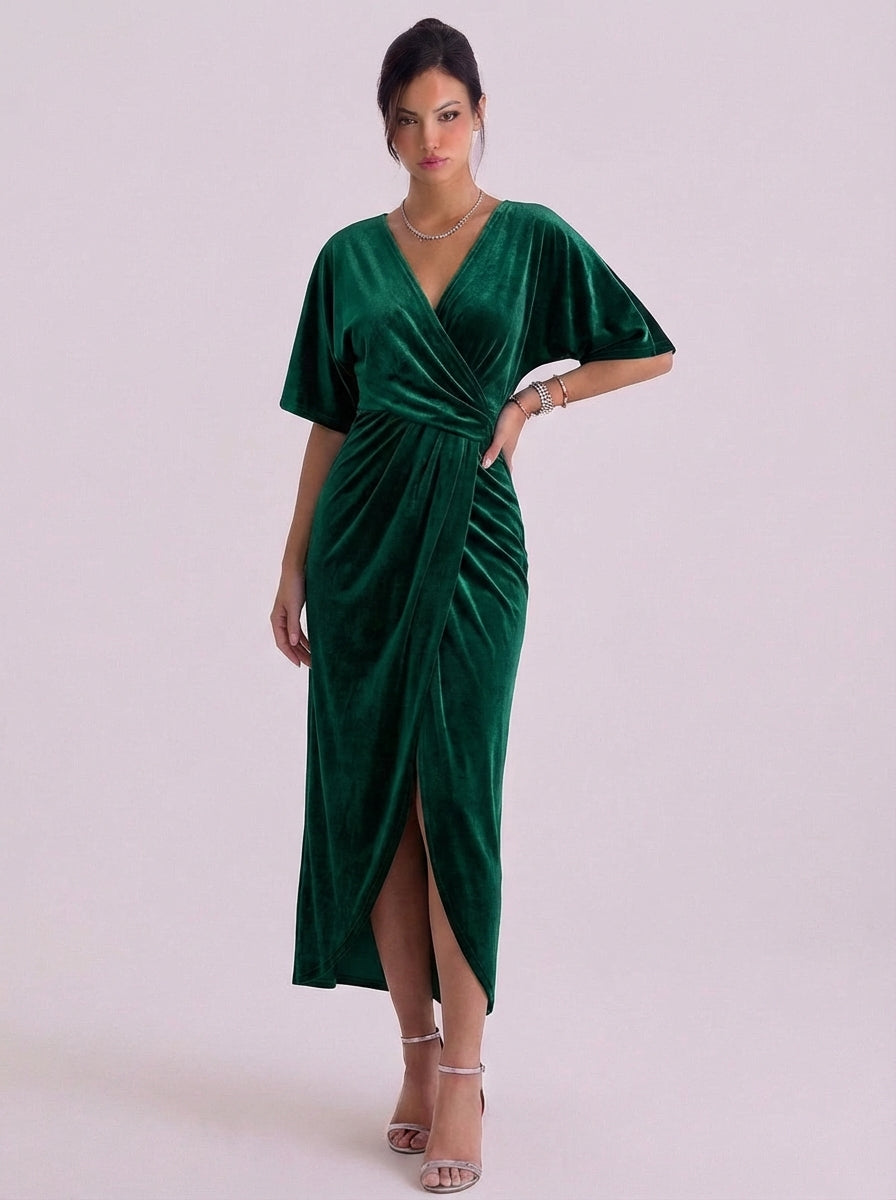 Ava | Velvet Wrap Midi Dress With Kimono