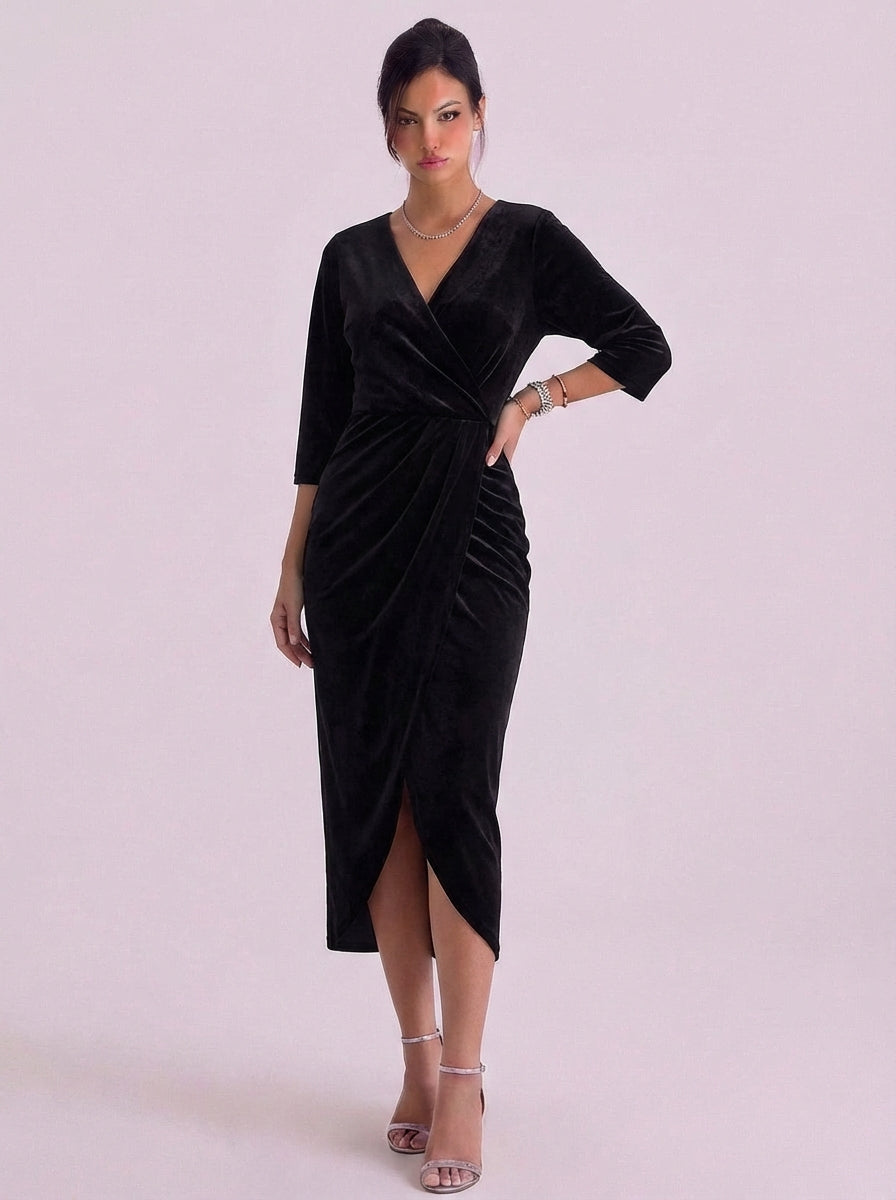 Ava | Velvet Wrap Midi Dress With Kimono