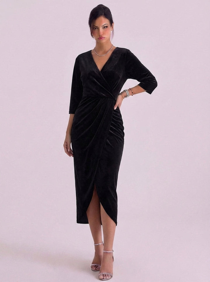 Ava | Velvet Wrap Midi Dress With Kimono