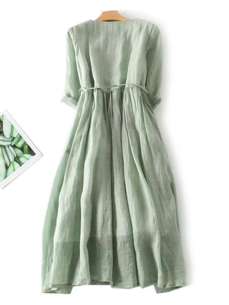 Arya | Womens Art Retro Round Neck Lace Up Waist Dress