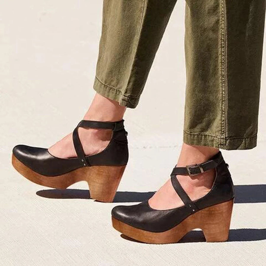 Yara | Wooden Wedge Mary Jane Shoes