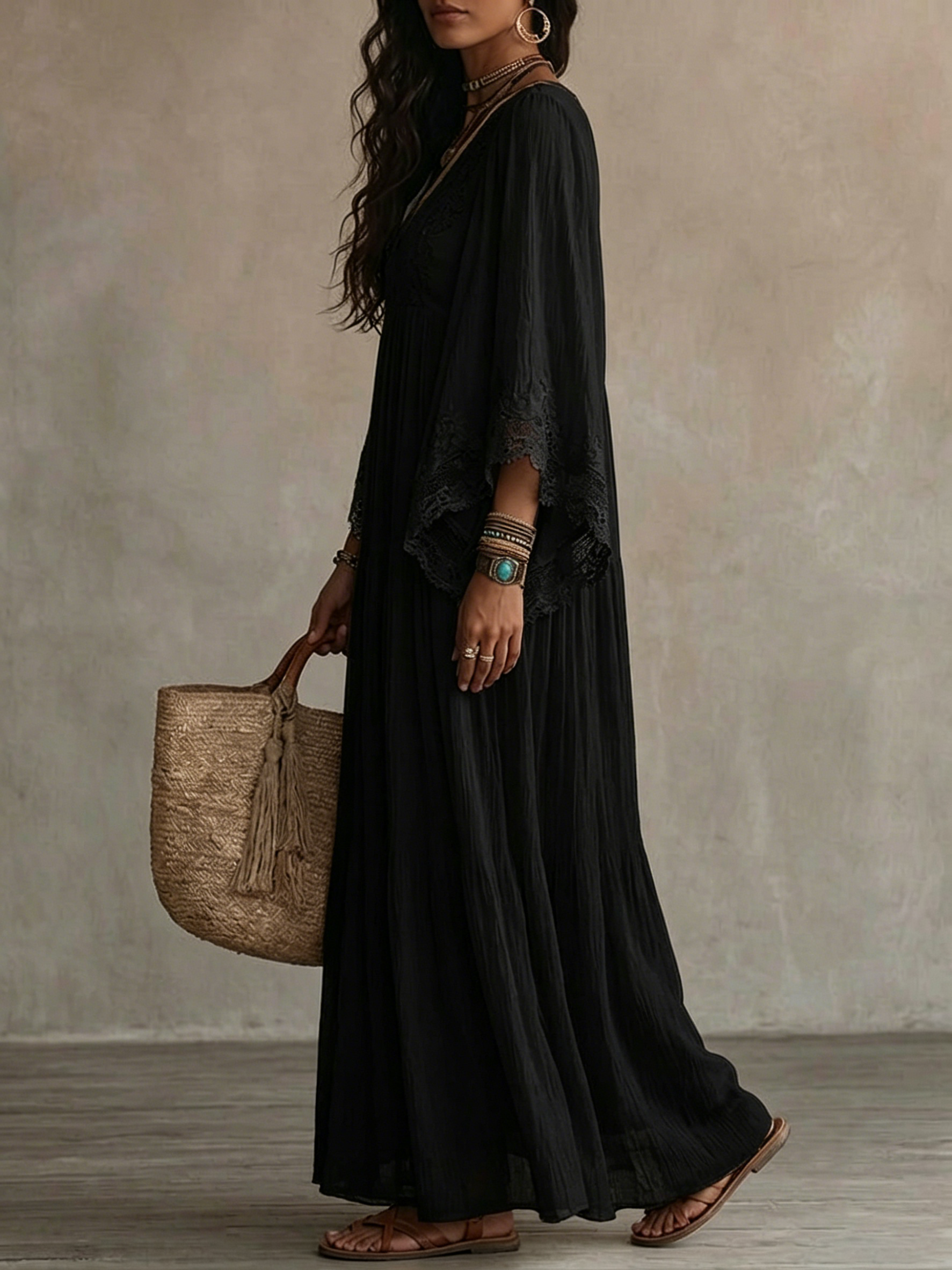 Celeste™ | Lace-trim chiffon dress that hides the arms and skims the tummy