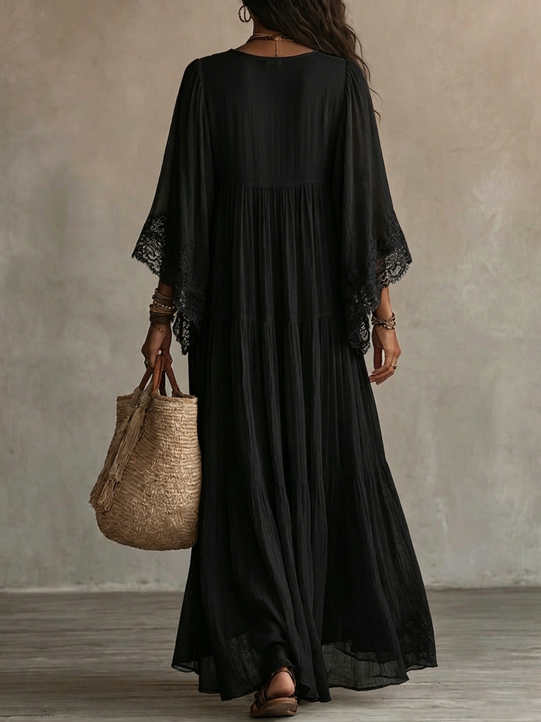 Celeste™ | Lace-trim chiffon dress that hides the arms and skims the tummy