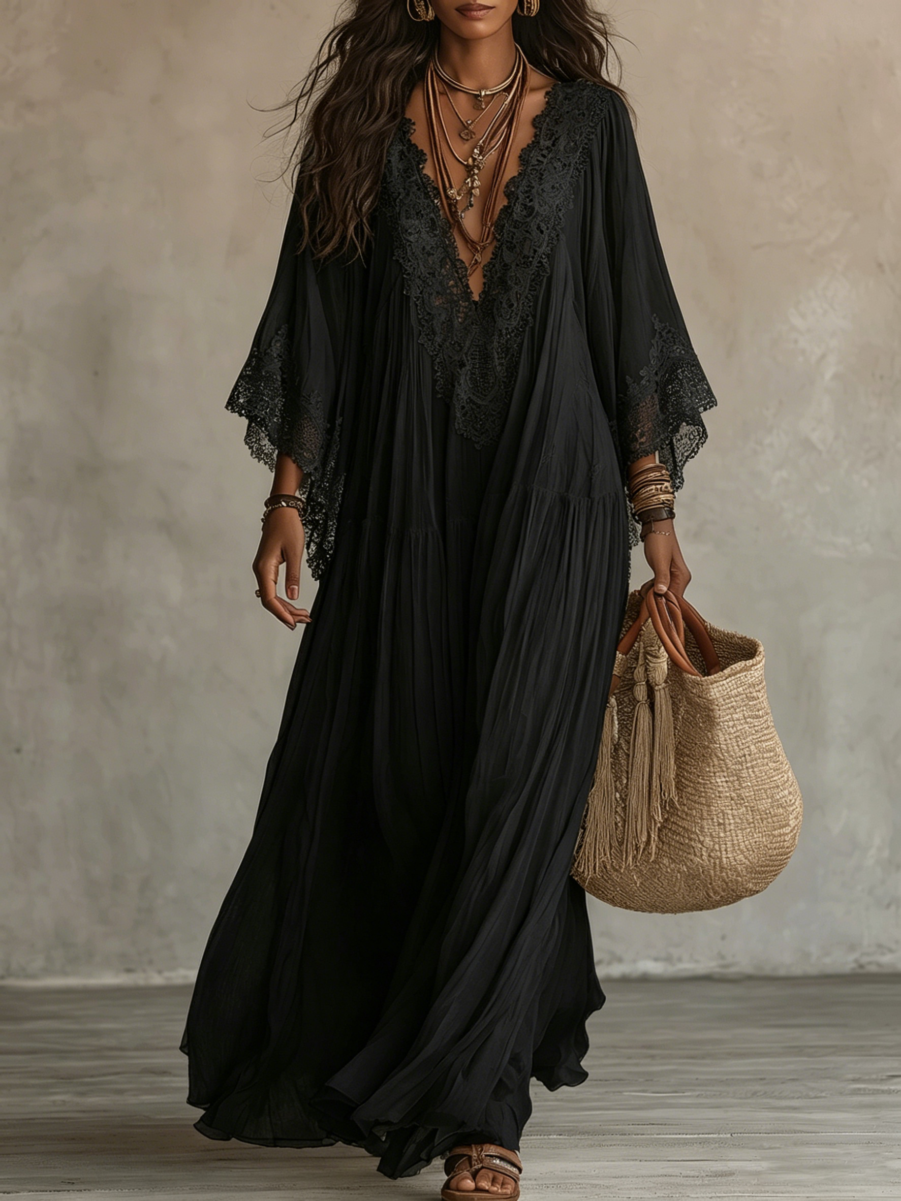 Celeste™ | Lace-trim chiffon dress that hides the arms and skims the tummy