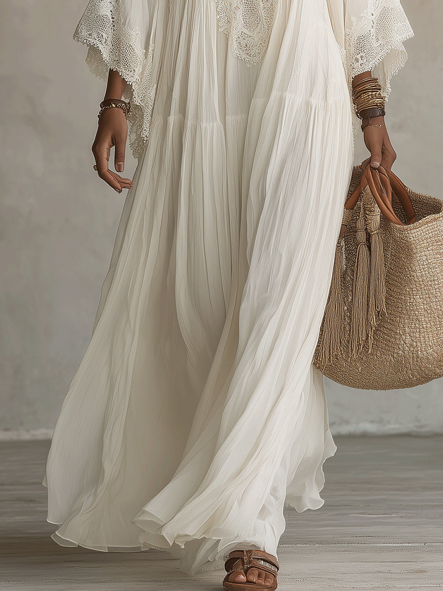 Celeste™ | Lace-trim chiffon dress that hides the arms and skims the tummy