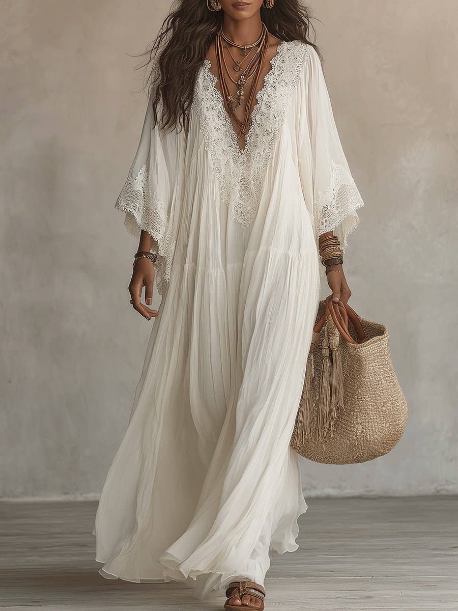 Celeste™ | Lace-trim chiffon dress that hides the arms and skims the tummy
