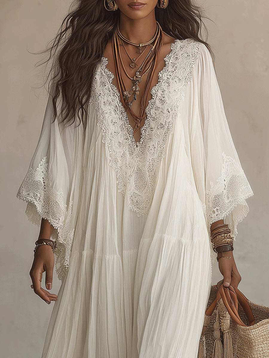 Celeste™ | Lace-trim chiffon dress that hides the arms and skims the tummy