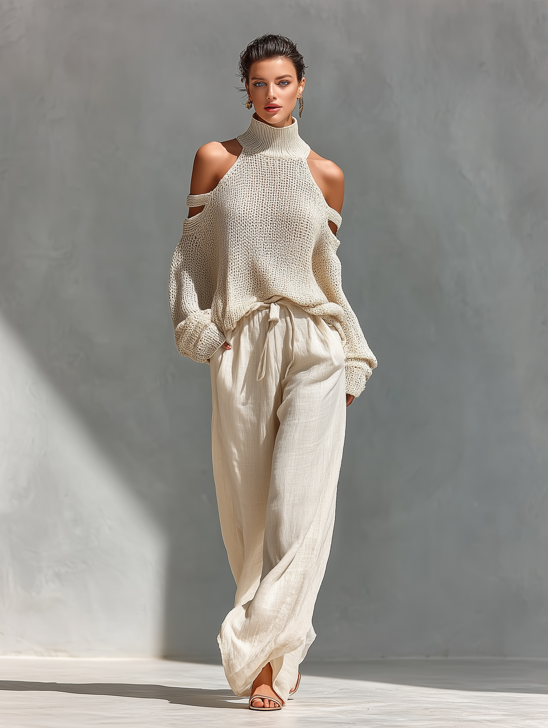 Astrid | Beige Knit Fabric Cold-Shoulder